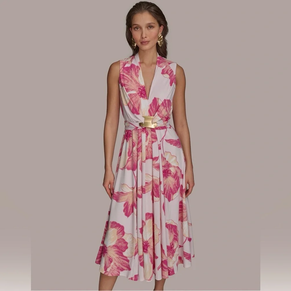 NWT Donna Karan Floral A-Line Midi Dress. Size 12. Misty Rose Pink - Picture 10 of 10
